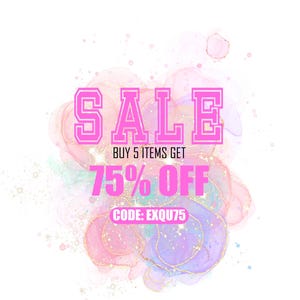 Puede incluir: Gr&aacute;fico promocional con la palabra &laquo;SALE&raquo; en letras rosas grandes. Debajo, se lee &laquo;BUY 5 ITEMS GET 75% OFF&raquo; y &laquo;CODE: EXQU75&raquo;. El fondo presenta salpicaduras de estilo acuarela en rosa, morado y dorado.