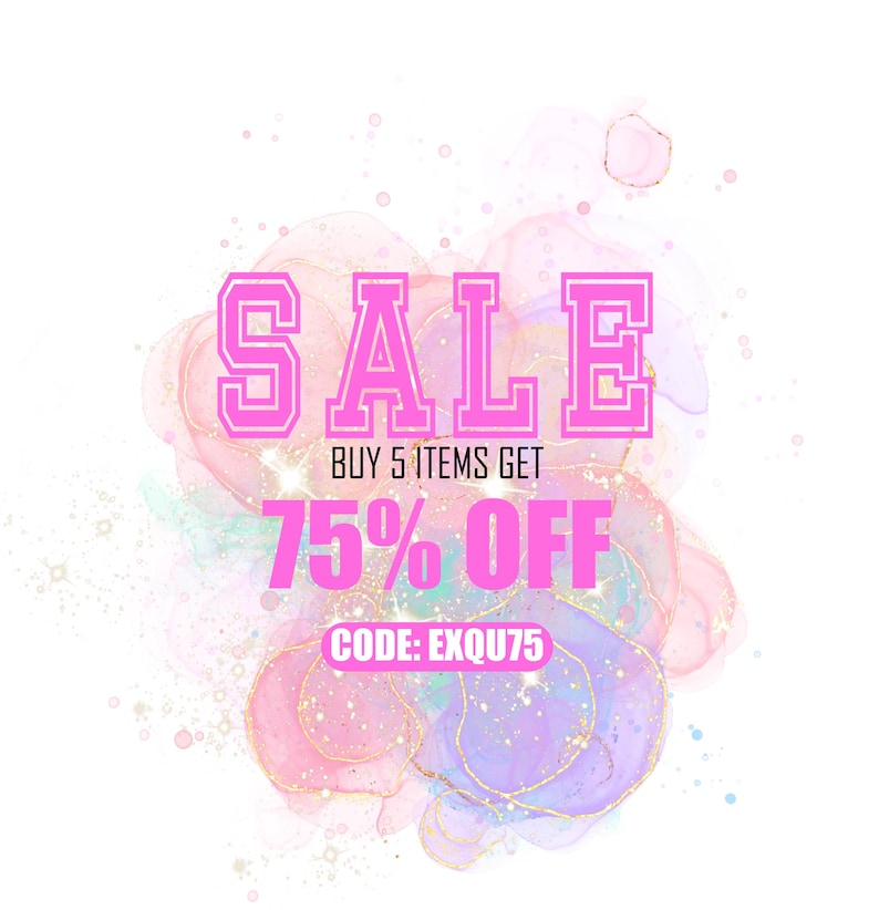 Puede incluir: Gr&aacute;fico promocional con la palabra &laquo;SALE&raquo; en letras rosas grandes. Debajo, se lee &laquo;BUY 5 ITEMS GET 75% OFF&raquo; y &laquo;CODE: EXQU75&raquo;. El fondo presenta salpicaduras de estilo acuarela en rosa, morado y dorado.