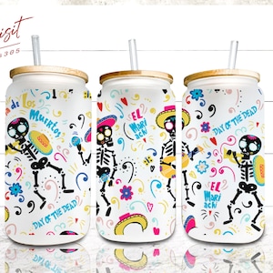 Sugar Skull Conchas Día de los Muertos Day of the Dead Can Glass Wrap, Mexican Skeleton 16 oz Libbey Glass Can Wrap