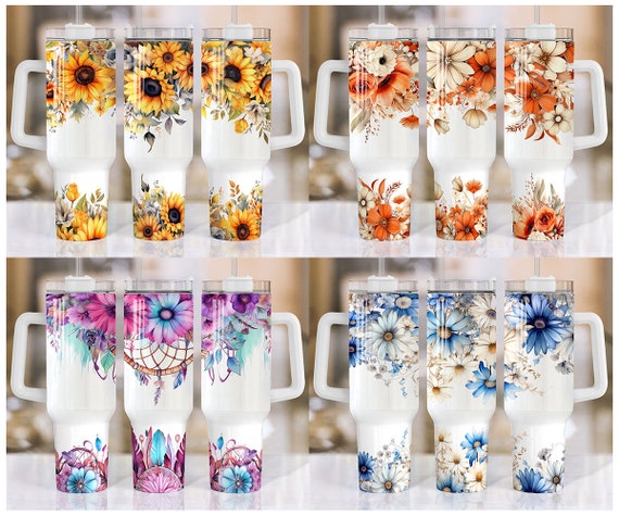 Bundle Floral 40oz Tumbler, Floral Tumbler Wrap, 40oz Handle Tumbler, Full tumbler, Floral Full Wrap, 40oz Wrap, Png Instant Download