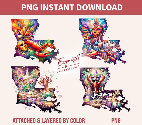 Watercolor Mardi Gras PNG Bundle: Louisiana Alligator, Crawfish (Digital Download)