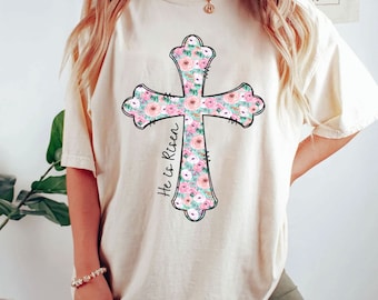 Floral Easter Cross PNG: Retro 'He is Risen' Design (Digital Download)