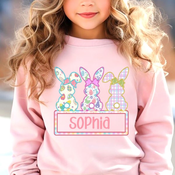 Girls Bunny Faux Applique with Name Plate png, Girls Easter Faux Applique png, Easter png, Easter Faux Applique png, Spring png, Kids Easter