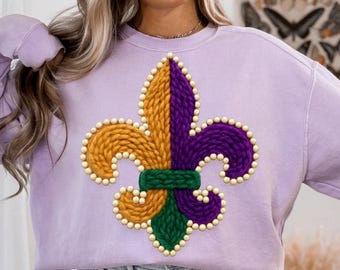 Mardi Gras Knitted Sublimation PNG ,Mardi Gras Shirt Design Faux Yarn Crochet, Mardi Gras Art Fleur De Lis Louisiana Trip 2026  PNG