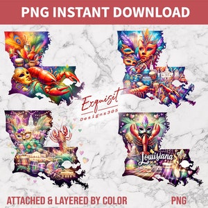 May include: Four colorful digital illustrations of the state of Louisiana, each with a different Mardi Gras theme. The illustrations feature masks, beads, musical instruments, and a crawfish. The text "Exquisit Designs305" and "Louisiana" are included in the images.