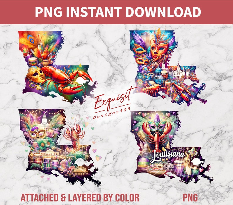 May include: Four colorful digital illustrations of the state of Louisiana, each with a different Mardi Gras theme. The illustrations feature masks, beads, musical instruments, and a crawfish. The text "Exquisit Designs305" and "Louisiana" are included in the images.