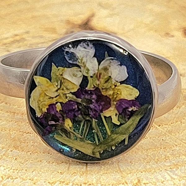 3-D Resin Art - Adjustable Stainless Steel Ring - Layers Resin, Alyssum Flowers and Fern  - Handmade Botanical Jewelry - Gifts for Her