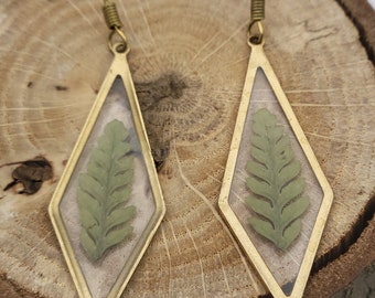 Boucles d'oreilles pendantes fougère - Véritable fougère conservée dans de la résine dans un cadre en laiton - Bijoux botaniques faits main - Cadeaux pour elle