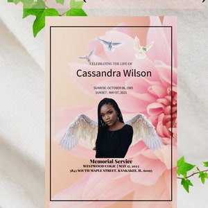 May include: A digital obituary template with a floral background and the text "Celebrating the Life of Cassandra Wilson." Includes dates of birth and passing, memorial service details, and the option to "Edit in Canva."