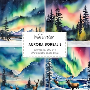 12 Winter Aurora Borealis Northern Lights Painting Digital Download / Digital Paper / Printable / Instant Download / Digital Artworks