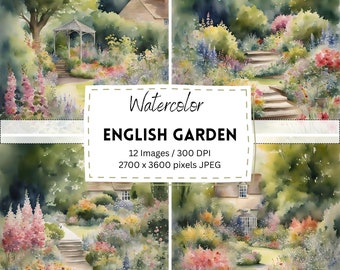 12 Watercolor English Garden Summer Garden Digital Download / Digital Paper / Printable / Instant Download / Digital Artworks
