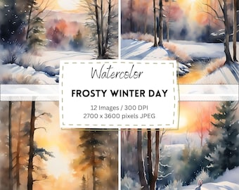 12 Printable Winter Woodland Sunrise Portrait Digital Paper / Printable Winter Wonderland / Instant Download / Digital Artworks