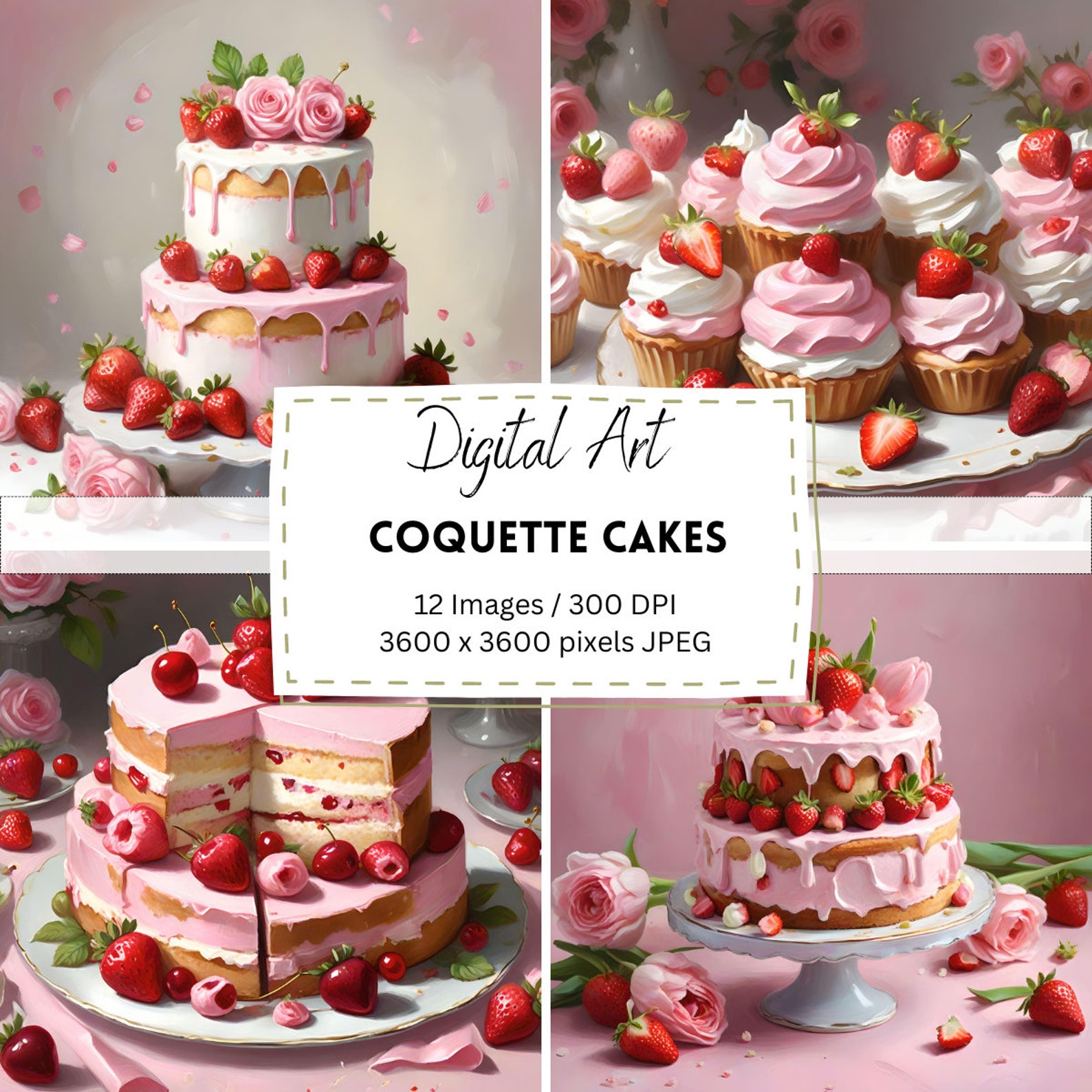 12 Coquette-inspired Cakes Digital Art Download / Digital Paper ...