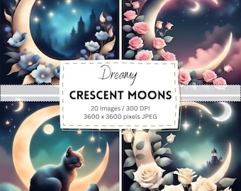 20 Dreamy Moonscape Crescent Moon Digital Download / Printable / Instant Download / POD Artworks