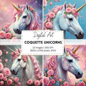 12 Coquette-Inspired Unicorns Digital Art Download / Digital Paper / Printable / Instant Download / Digital Artworks