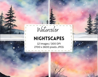 12 Watercolor Nightscape Starry Skies Digital Download / Digital Paper / Printable / Instant Download / Digital Artworks