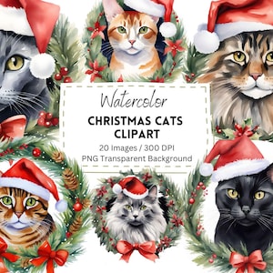 20 Watercolor Christmas Santa Cat Clipart Digital Download / Digital Paper / Printable / Instant Download / Digital Artworks