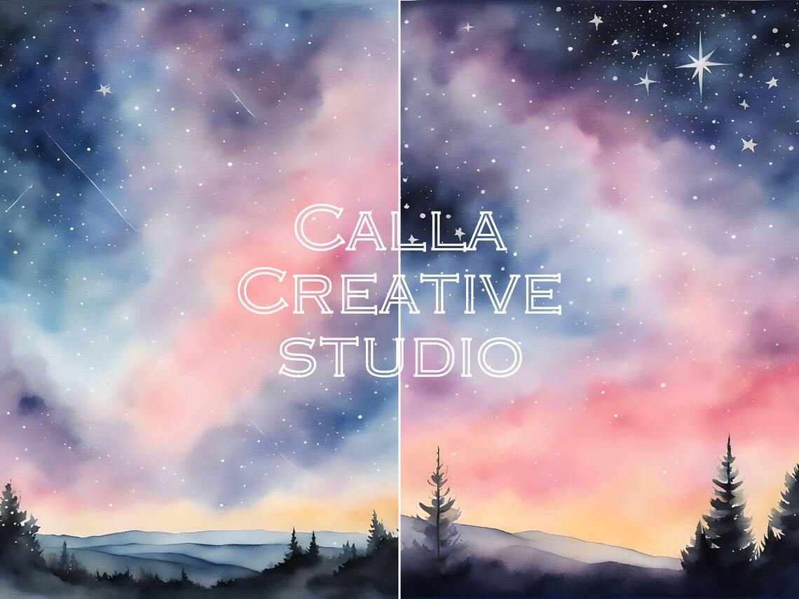 12 Watercolor Nightscape Starry Skies Digital Download / Digital Paper ...