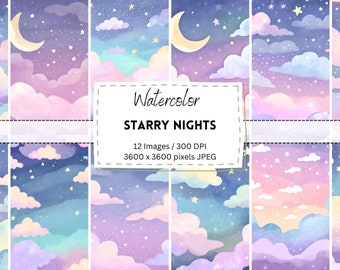 12 Watercolor Starry Night Skies Digital Download / Digital Paper / Printable / Instant Download / Digital Artworks