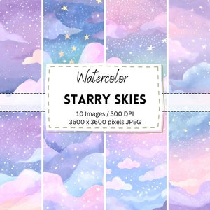 10 Watercolor Starry Skies Pastel Sky Digital Download / Digital Paper / Printable / Instant Download / Digital Artworks