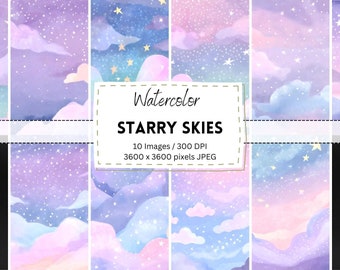 Pode incluir: Arte digital em aquarela com dez imagens de céus estrelados em cores pastel. As imagens mostram nuvens, estrelas e um gradiente de roxos, azuis e rosas. O texto "Watercolor Starry Skies" é exibido em um rótulo branco.