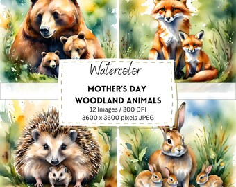 12 Watercolor Mother's Day Woodland Animals Digital Download / Digital Paper / Printable / Instant Download / Digital Artworks