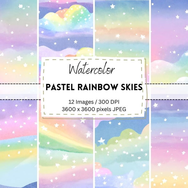 12 Watercolor Pastel Rainbow Skies Digital Download / Digital Paper / Printable / Instant Download / Digital Artworks