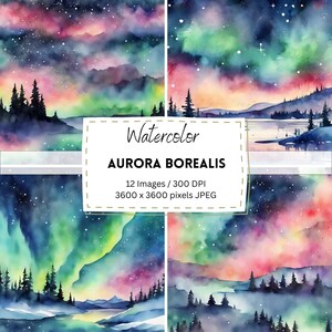 12 Watercolor Aurora Borealis Landscape Digital Download / Digital Paper / Printable / Instant Download / Digital Artworks