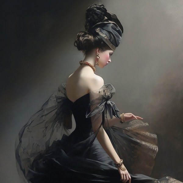 Elegant Vintage Painting of a Woman in a Black Long Dress and Hat - Digital Art Print. Digital painting