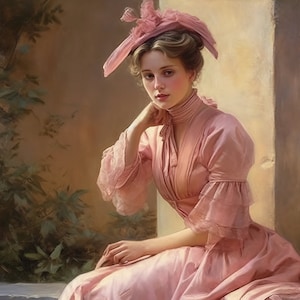 Elegant Vintage Painting of a Woman in a Pink Long Dress and Hat - Digital Art Print