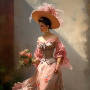 Elegant Vintage Painting of a Woman in a Pink Long Dress and Hat - Digital Art Print