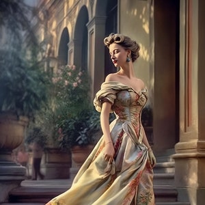 Elegant Vintage Painting of a Woman in a  Long Dress and Hat - Digital Art Print