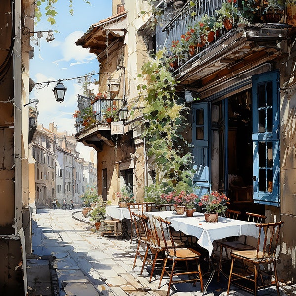 Cosy Street Cafe : impression d'art numérique vibrante pour la décoration intérieure, TÉLÉCHARGEMENT. Peinture numérique