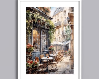 Cozy street café. Vibrant digital art print for home decor, DOWNLOAD. Digital painting