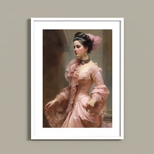 Elegant Vintage Painting of a Woman in a Pink Long Dress - Digital Art Print