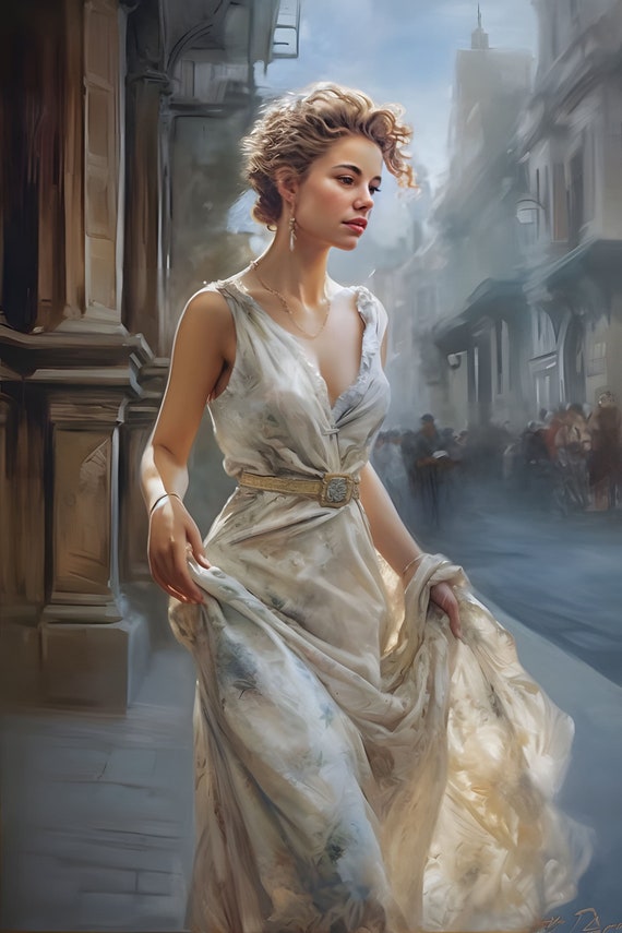 Elegant Vintage Painting of a Woman in a Long Dress and Hat - Digital Art  Print. Digital Painting - Etsy