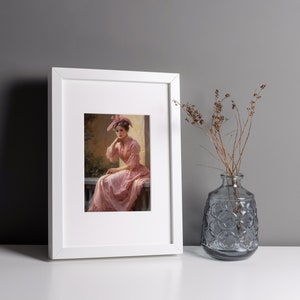 Elegant Vintage Painting of a Woman in a Pink Long Dress and Hat ...