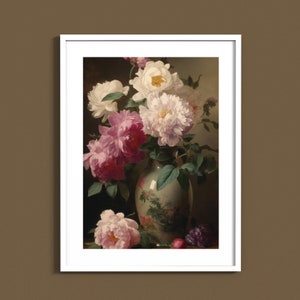 Vintage Peonies in Vase: Charming Oil Painting Wall Art Print | Instant Digital Download | Printable Wall Decor