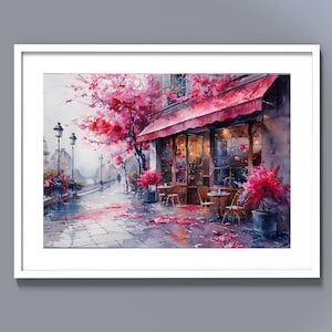 A watercolor of a Parisian café  with pink flowers | Instant Digital Download |Printable. Digital painting