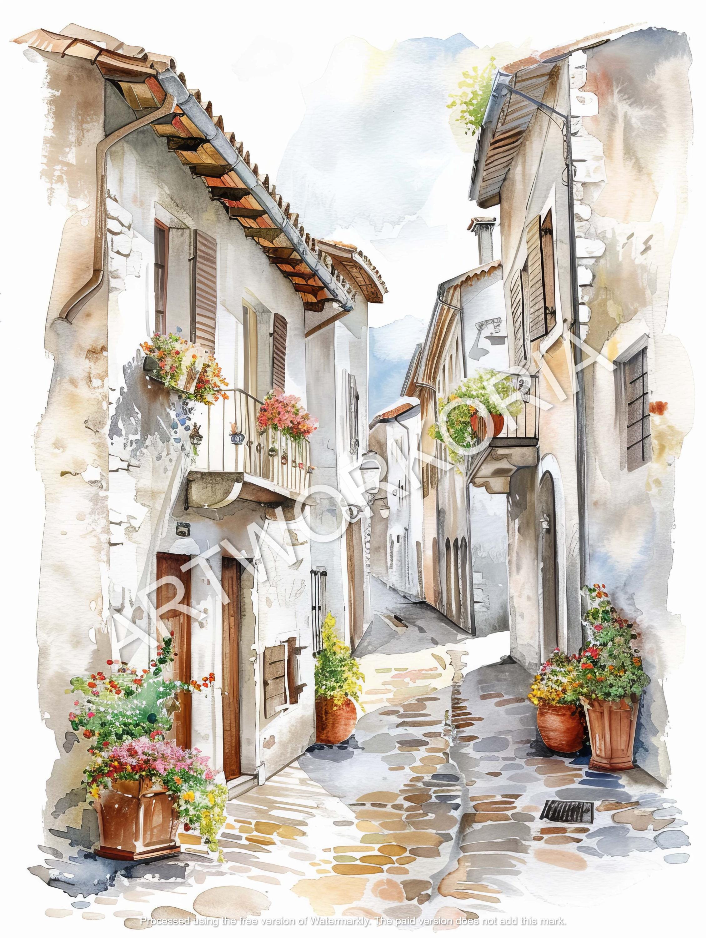 ビンテージ水彩画のヨーロッパの街並み | 素朴な路地のウォールアート