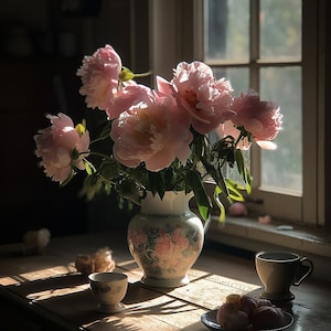 Peonies in a vase vintage print | Digital Art Print for a Serene Home Decor | Printable digital file