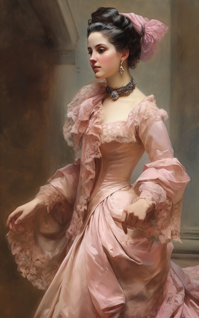 Elegant Vintage Painting of a Woman in a Pink Long Dress - Digital Art ...