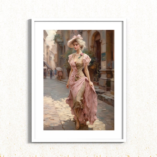 Elegant Vintage Painting of a Woman in a  Long Dress and Hat - Digital Art Print