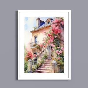 Romantic French Chateau Watercolor Painting - Digital Download Wall Art - Exterior View