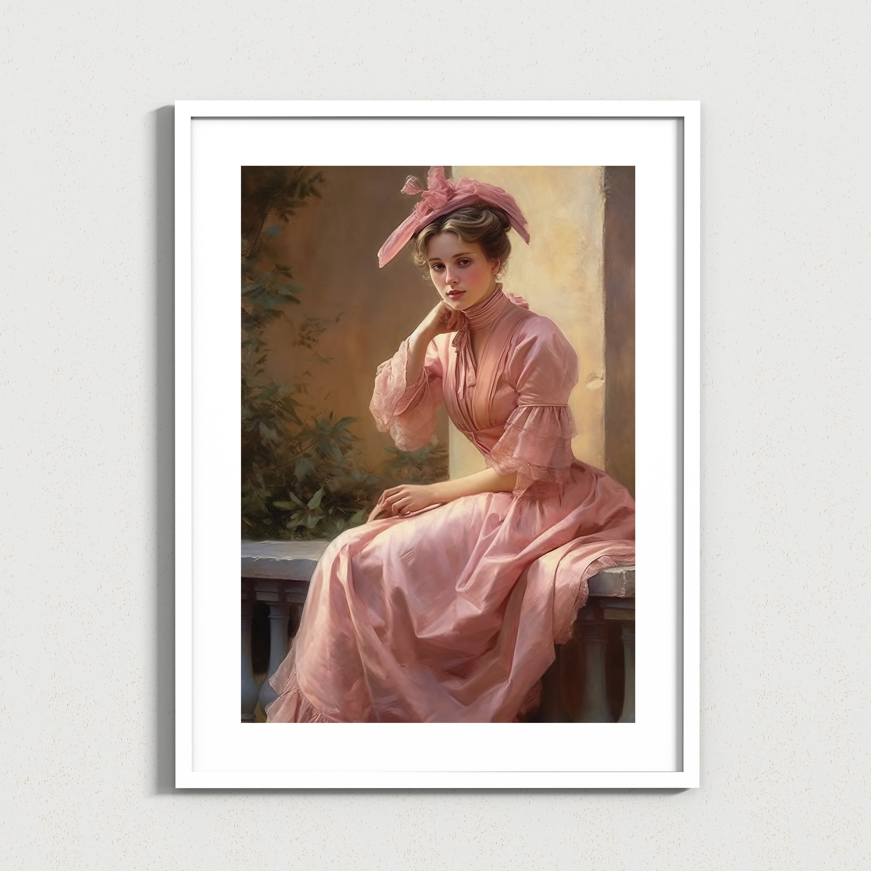 Elegant Vintage Painting of a Woman in a Pink Long Dress and - Etsy