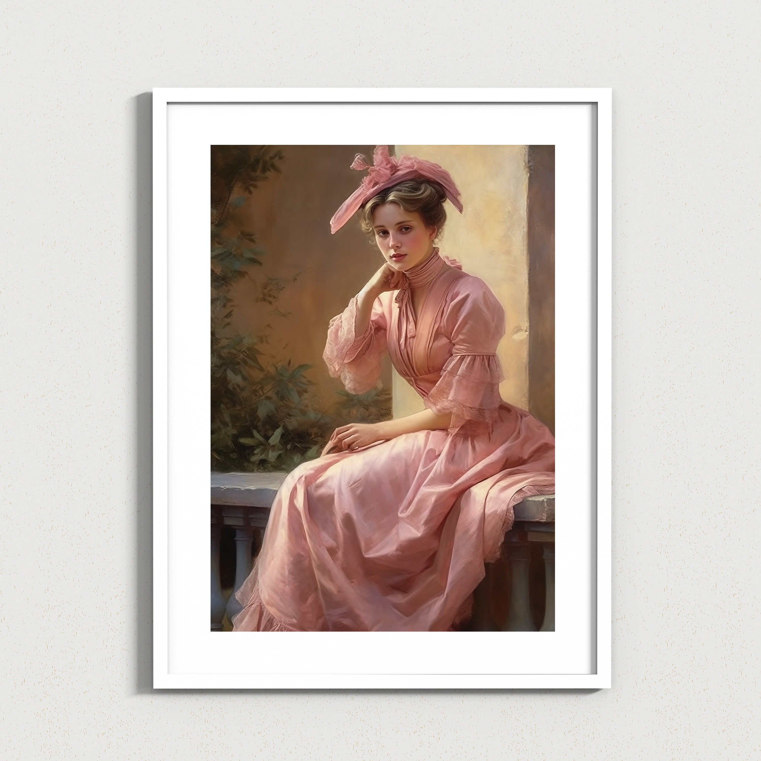 Elegant Vintage Painting of a Woman in a Pink Long Dress and Hat ...