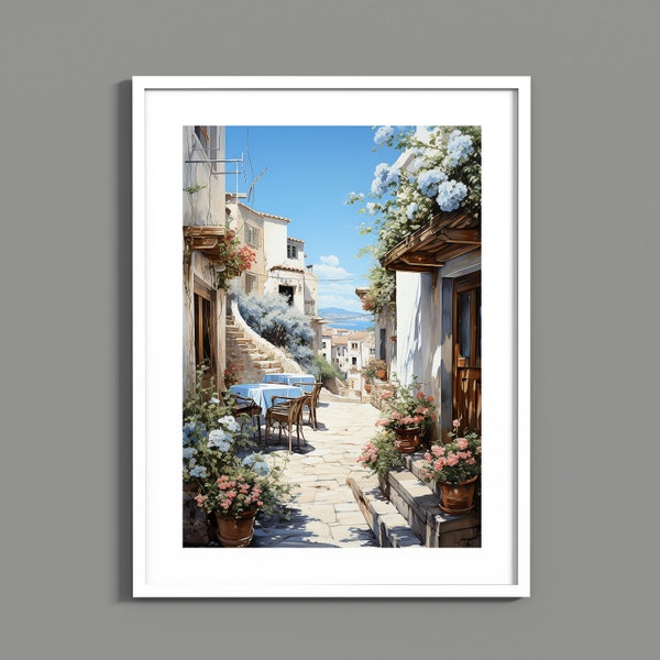 Charming Watercolor Painting of a Small City Street in Greece - Digital Art Print