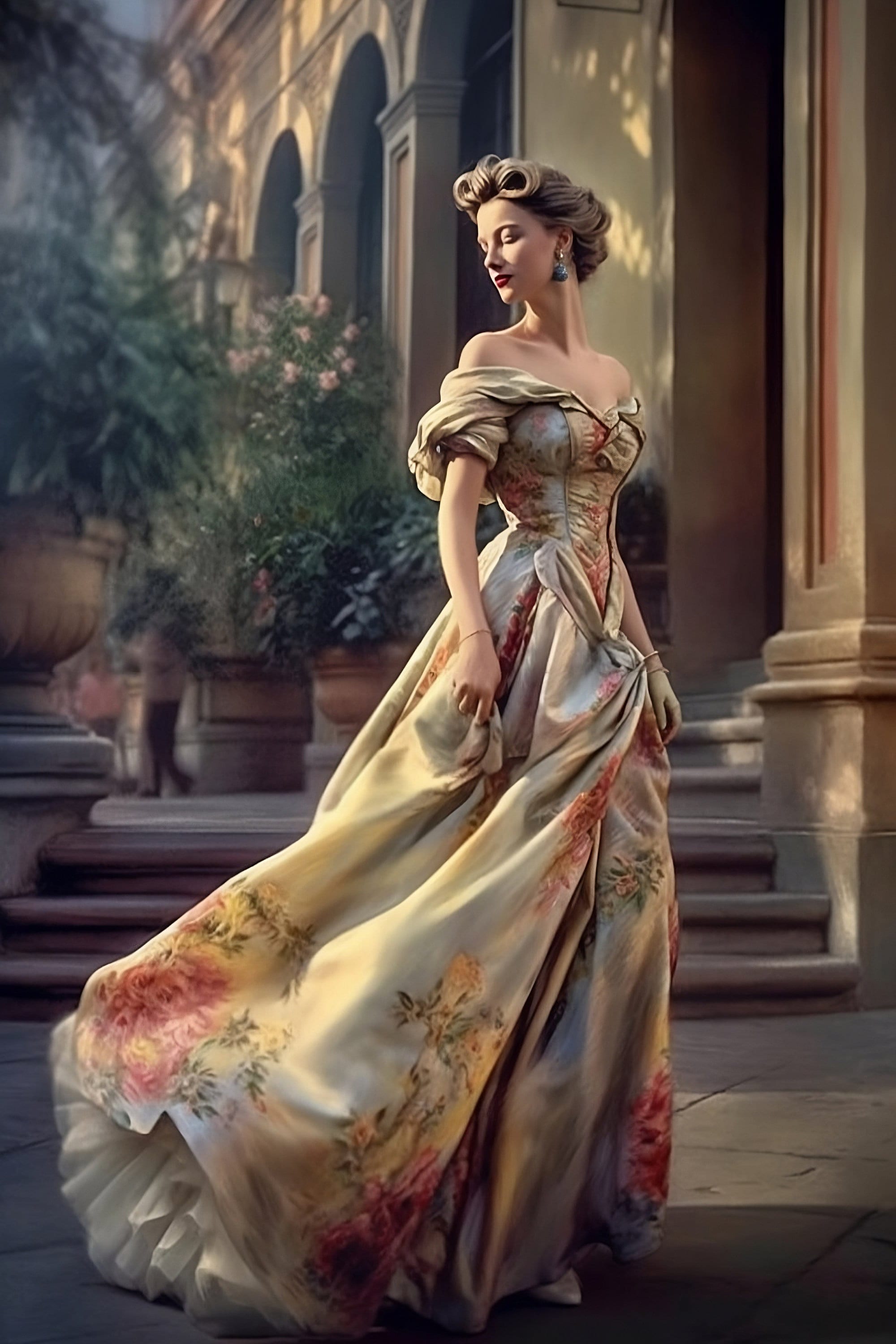Elegant Vintage Painting of a Woman in a Long Dress and Hat Digital Art