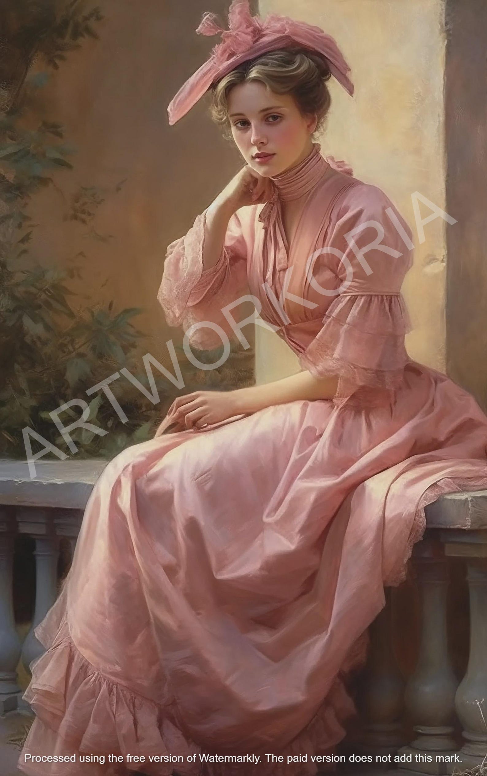 Elegant Vintage Painting of a Woman in a Pink Long Dress and Hat ...