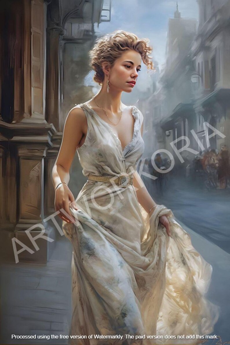 Elegant Vintage Painting of a Woman in a Long Dress and Hat - Digital ...